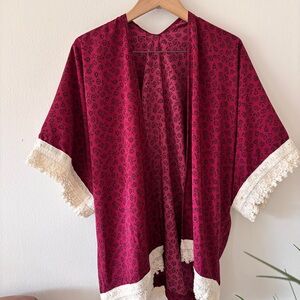 Women's Burgundy Printed Fringe Trim Kimono Jacket